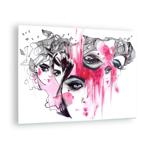 Impression sur verre - Image sur verre - Visages féminins abstraits avec des accents roses dans un style croquis. - 70x50cm - Yeux abstraits - Décoration murale moderne pour le salon et la chambre ARTTOR