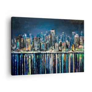 Impression sur toile - Image sur toile - Panorama de la ville nocturne reflétée dans l'eau - 70x50cm - Cascade de lumières - Décoration murale moderne pour le salon et la chambre ARTTOR