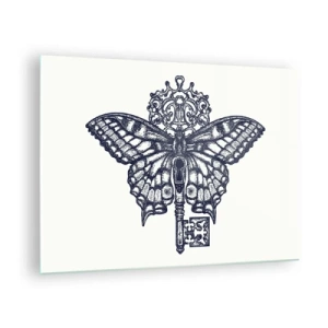 Impression sur verre - Image sur verre - Illustration d'un papillon avec une clé au centre - 70x50cm - Tous les secrets du coeur - Décoration murale moderne pour le salon et la chambre ARTTOR