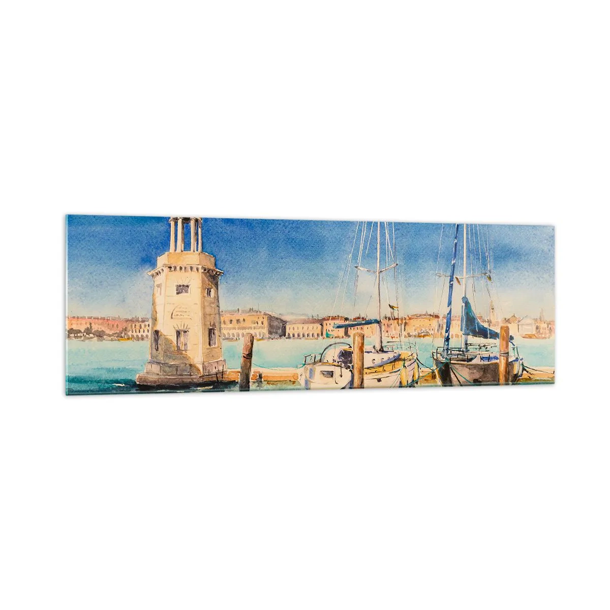 Impression sur verre - Image sur verre - Marina avec bateaux sur fond de lagon bleu - 160x50cm - Lagune ensoleillée - Décoration murale moderne pour le salon et la chambre ARTTOR