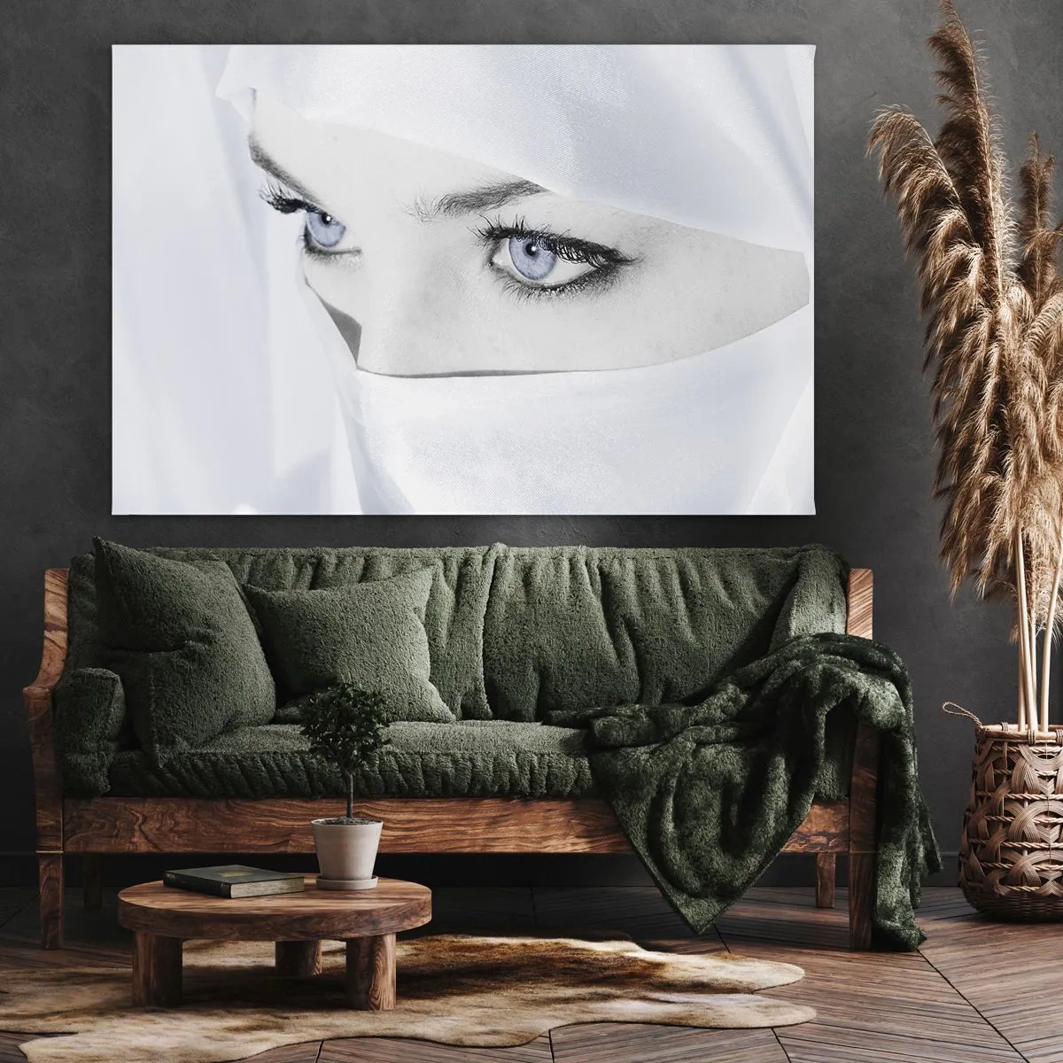 Impression sur toile - Image sur toile - Portrait d'une femme aux yeux bleus cachés derrière un voile blanc - 100x70cm - Directement des mille et une nuits - Décoration murale moderne pour le salon et la chambre ARTTOR