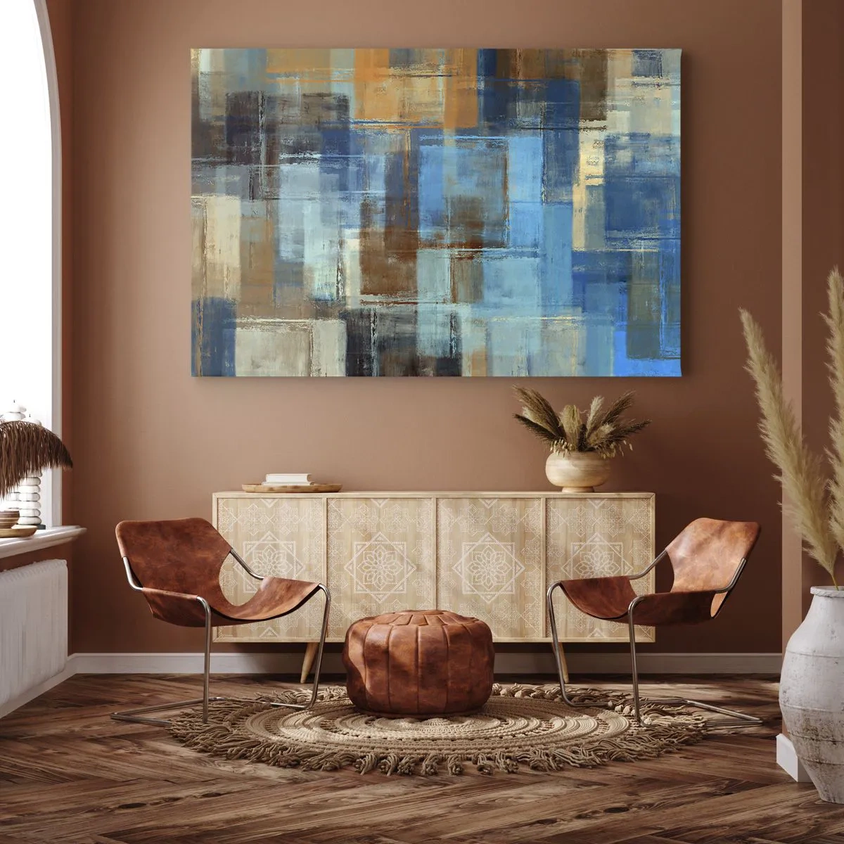 Impression sur toile - Image sur toile - Composition géométrique abstraite dans les tons de bleu et de marron - 120x80cm - A travers le voile bleu - Décoration murale moderne pour le salon et la chambre ARTTOR