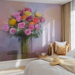 Papier Peint Photo Premium Canvas - Un bouquet de roses colorées dans un vase en verre - 100x70cm - Beauté conservée - Décoration murale moderne pour le salon et la chambre ARTTOR