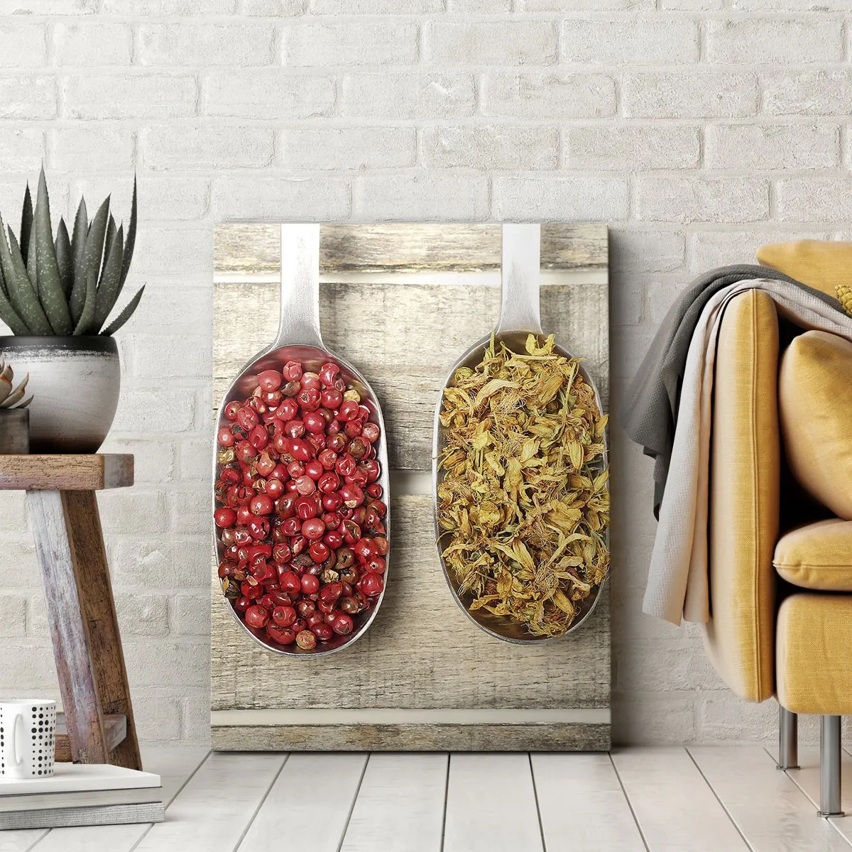 Impression sur toile - Image sur toile - Trois cuillères en métal avec des épices sur un fond en bois - 70x100cm - Magie de la cuisine - Décoration murale moderne pour le salon et la chambre ARTTOR