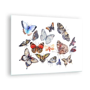 Impression sur verre - Image sur verre - Papillons colorés dans une composition artistique - 70x50cm - Essaim de dentelle et de couleurs - Décoration murale moderne pour le salon et la chambre ARTTOR