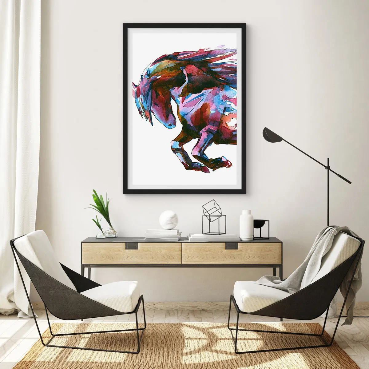 Affiche dans un cadre noir - Poster - Cheval abstrait coloré dans une pose dynamique - 50x70cm - Dans le ravissement - Décoration murale moderne pour le salon et la chambre ARTTOR