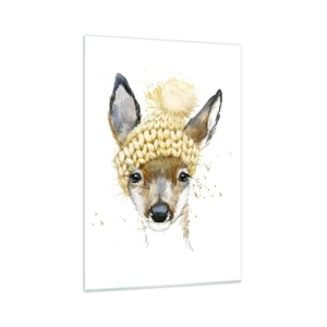 Impression sur verre - Image sur verre - Cerf aquarelle avec une casquette jaune - 70x100cm - Pour l'hiver dans la forêt enneigée - Décoration murale moderne pour le salon et la chambre ARTTOR