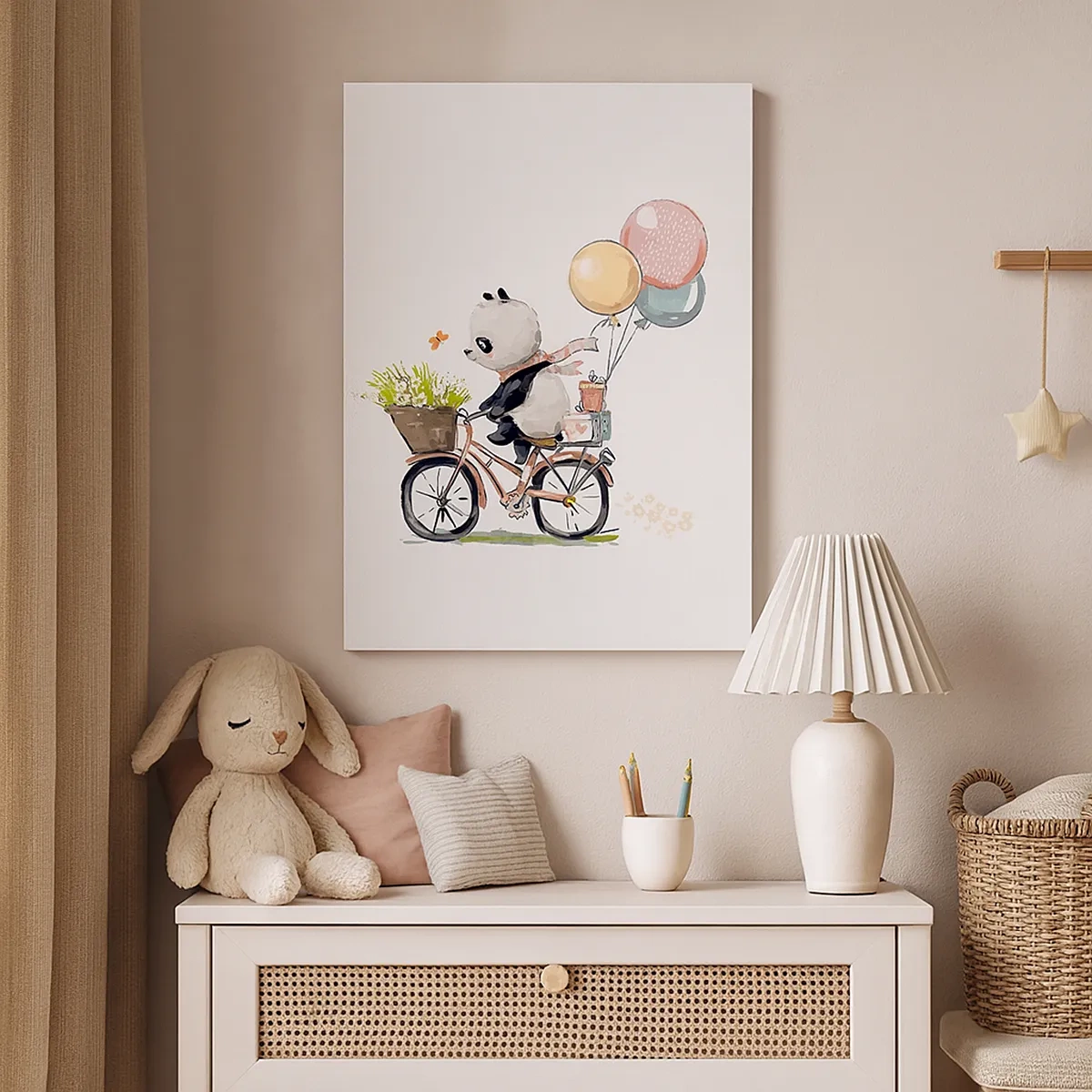 Impression sur toile - Image sur toile - Panda sur un vélo avec des ballons et des fleurs - 50x70cm - Jour de chance - Décoration murale moderne pour le salon et la chambre ARTTOR