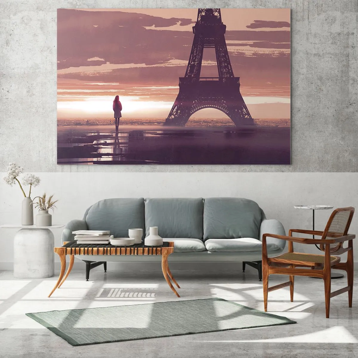 Impression sur verre - Image sur verre - La Tour Eiffel au coucher du soleil avec la silhouette d'une personne - 120x80cm - Seulement deux d'entre eux - Décoration murale moderne pour le salon et la chambre ARTTOR