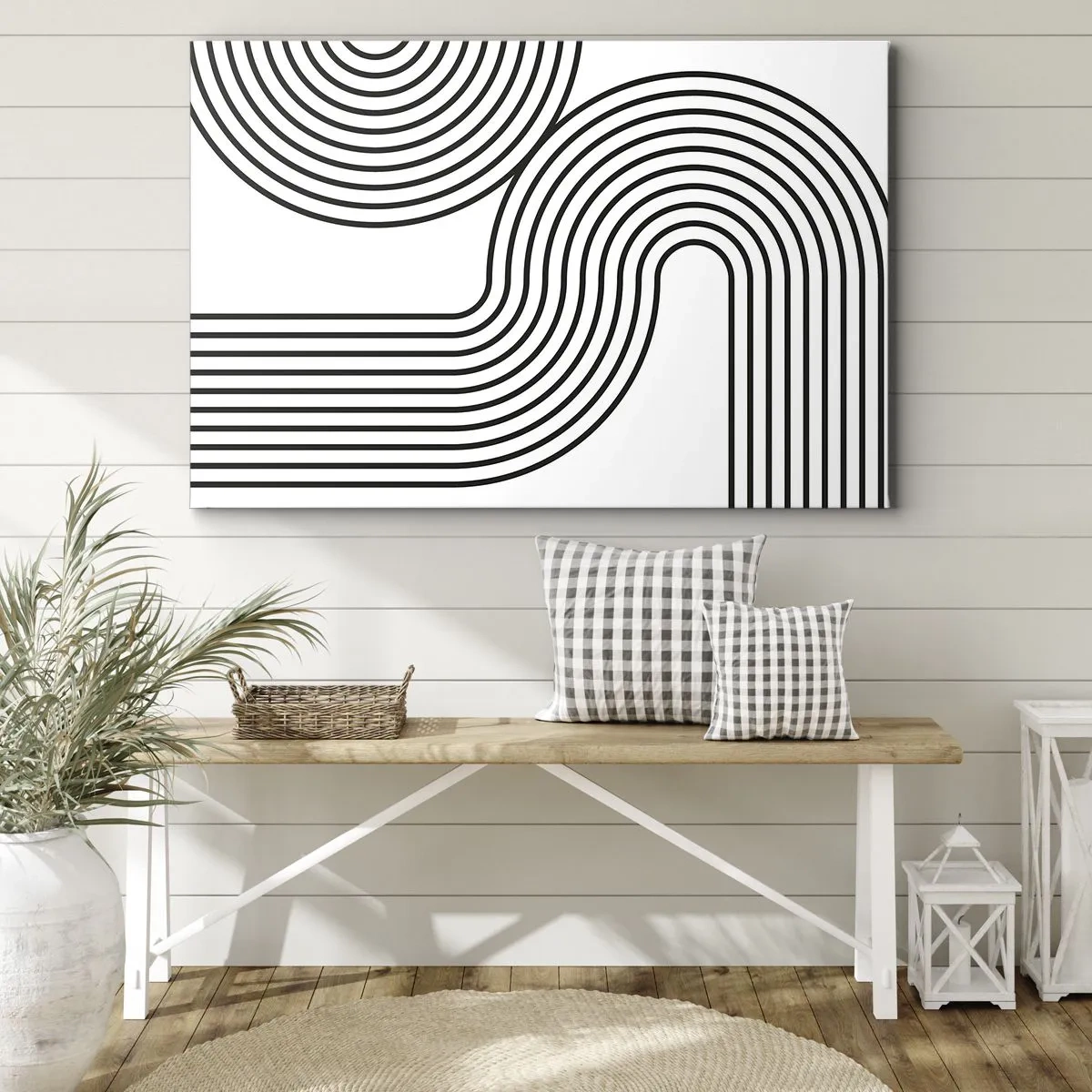 Impression sur toile - Image sur toile - Une peinture abstraite avec des lignes noires créant des motifs géométriques sur un fond blanc. - 100x70cm - En plein virage - Décoration murale moderne pour le salon et la chambre ARTTOR