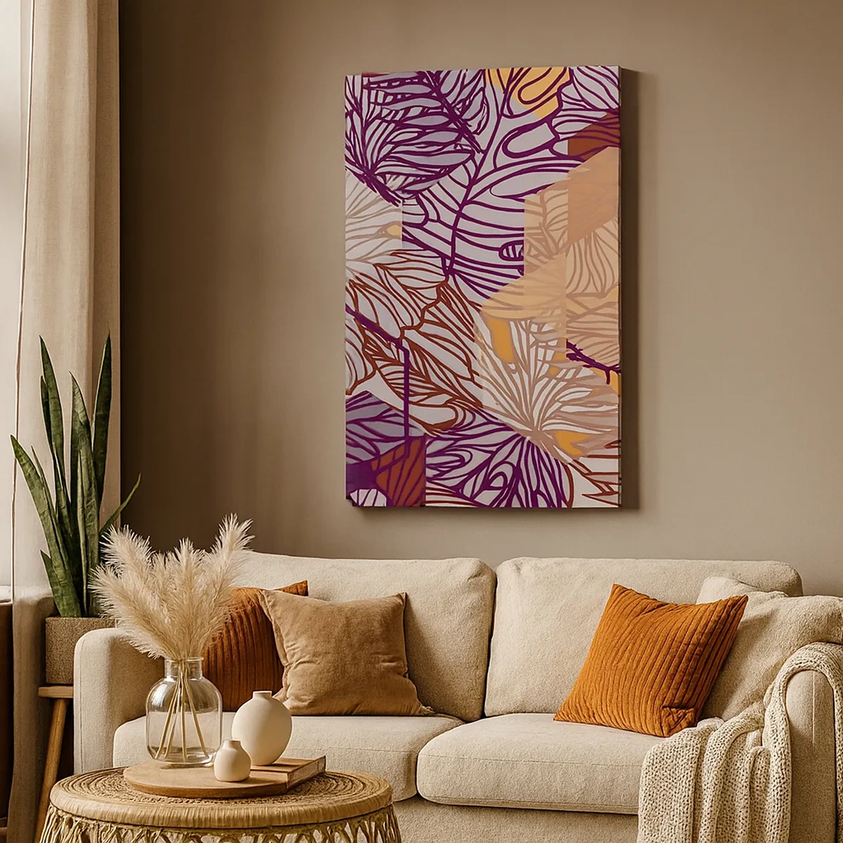 Impression sur toile - Image sur toile - Un motif décoratif de feuilles tropicales dans des tons de violet, d'orange et de beige. - 50x70cm - Relation impossible entre la géométrie et la nature - Décoration murale moderne pour le salon et la chambre ARTTO