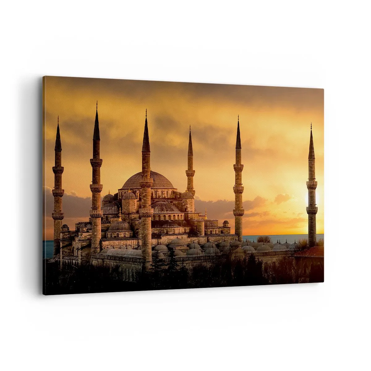 Impression sur toile - Image sur toile - La mosquée au coucher du soleil aux couleurs chaudes - 100x70cm - Dieu est grand - Décoration murale moderne pour le salon et la chambre ARTTOR