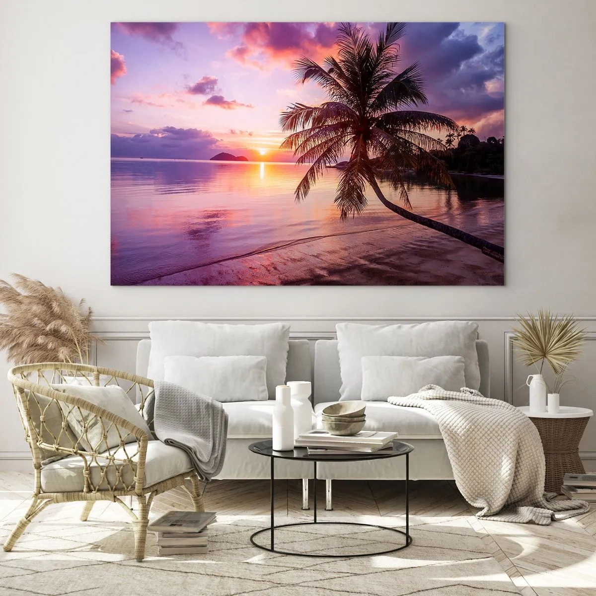 Impression sur verre - Image sur verre - Plage exotique avec un palmier au coucher du soleil - 70x50cm - Le bonheur à l'horizon - Décoration murale moderne pour le salon et la chambre ARTTOR