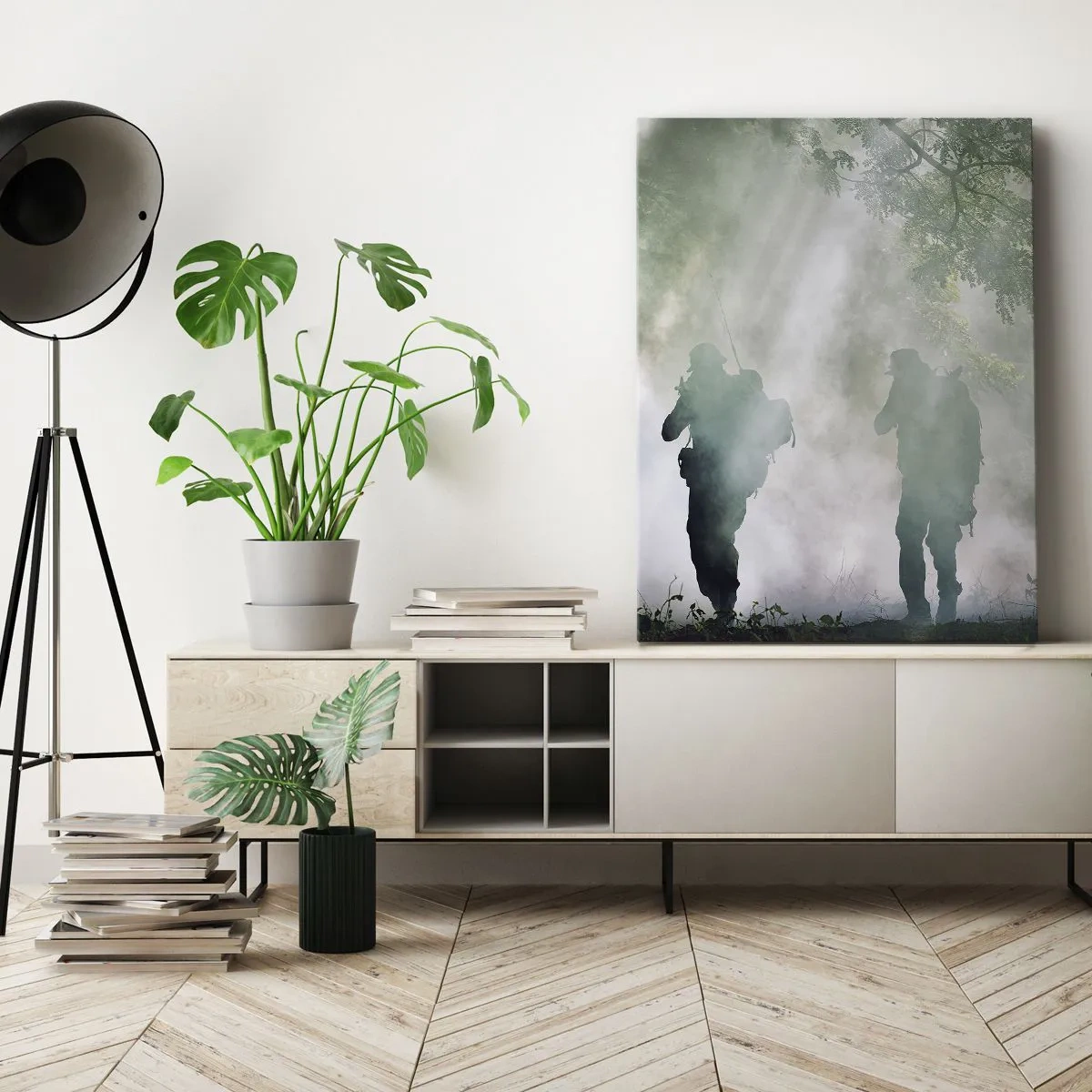 Impression sur toile - Image sur toile - Silhouettes de soldats dans une forêt entourée de brouillard - 80x120cm - Un pour tous… - Décoration murale moderne pour le salon et la chambre ARTTOR