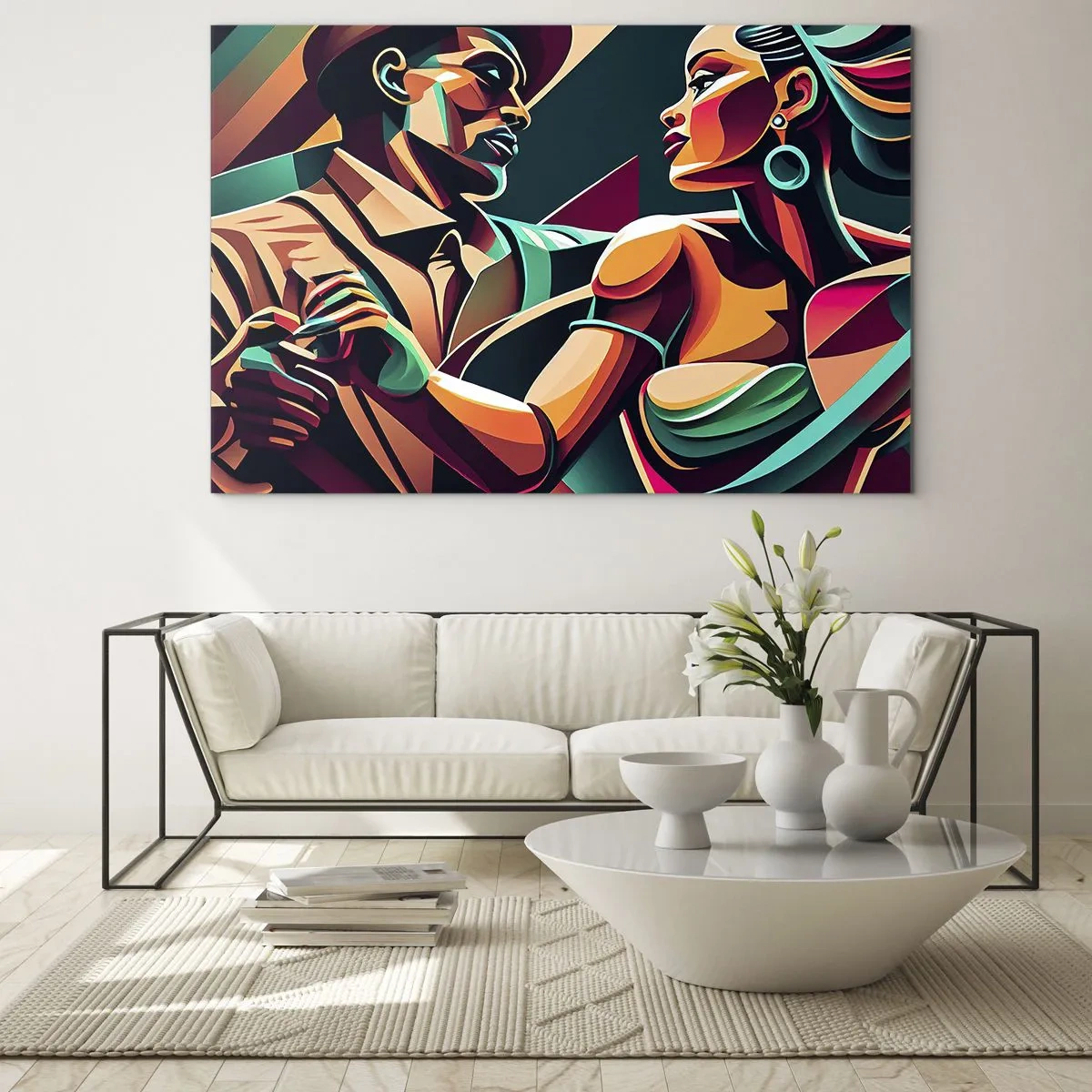Impression sur verre - Image sur verre - Un couple coloré dansant dans un style art déco avec une expression dynamique. - 100x70cm - Au rythme du coeur - Décoration murale moderne pour le salon et la chambre ARTTOR
