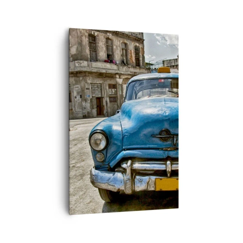 Impression sur toile - Image sur toile - Une vieille voiture bleue dans la rue dans un style rétro - 80x120cm - L'ancien est beau - Décoration murale moderne pour le salon et la chambre ARTTOR