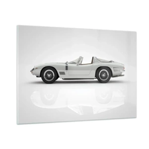 Impression sur verre - Image sur verre - Un cabriolet blanc classique sur un fond minimaliste avec des reflets. - 100x70cm - Promesse de plaisir - Décoration murale moderne pour le salon et la chambre ARTTOR