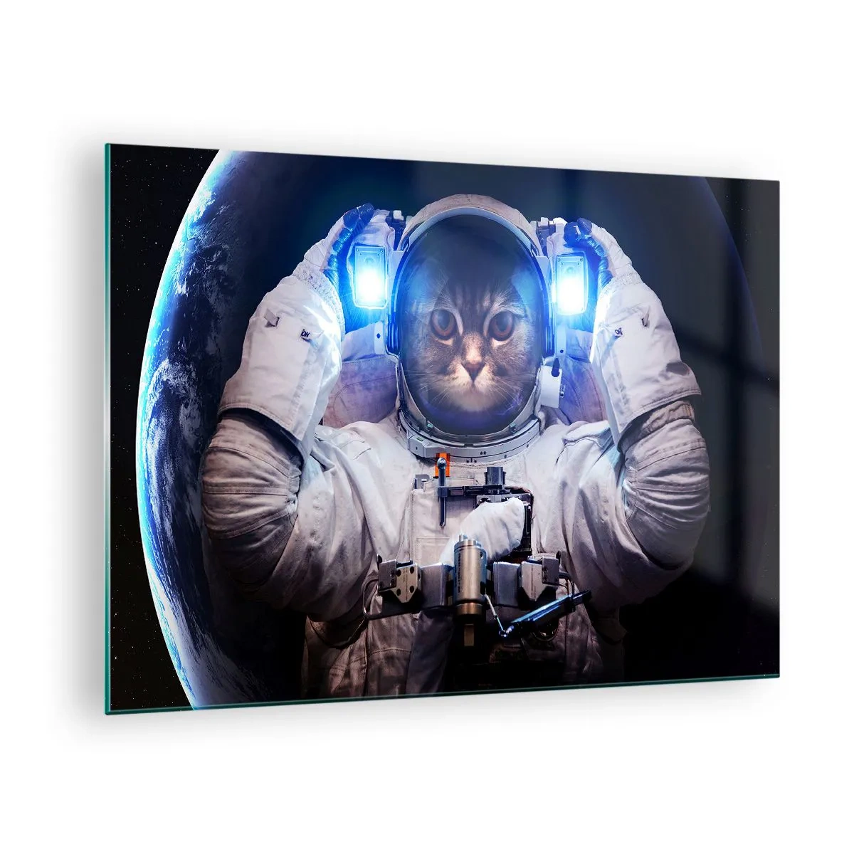 Impression sur verre - Image sur verre - Un cosmonaute à tête de chat dans l'espace - 70x50cm - Houston, vous avez un problème - Décoration murale moderne pour le salon et la chambre ARTTOR