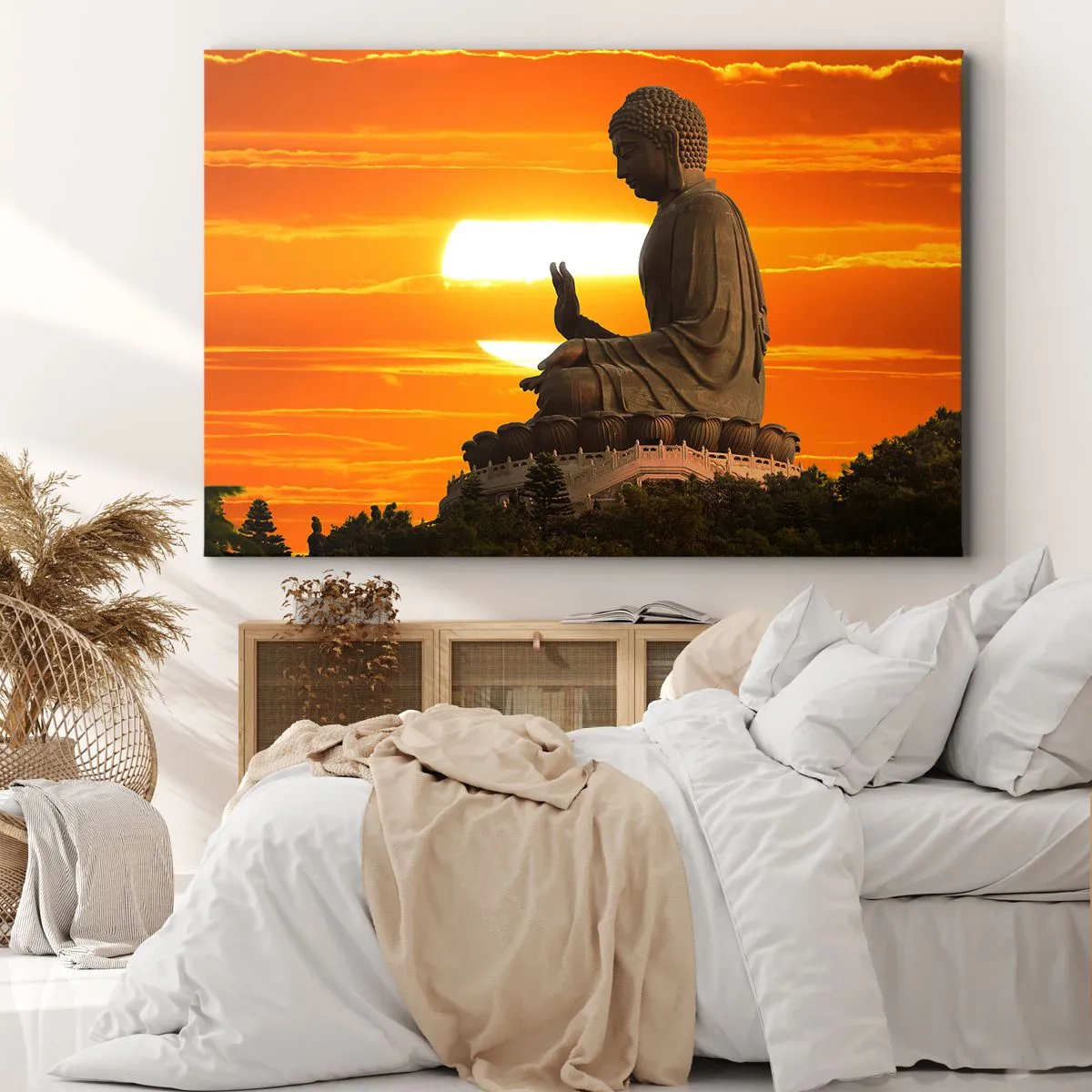 Impression sur toile - Image sur toile - Une statue bouddhiste sur fond de coucher de soleil orange - 120x80cm - Aucune peur du monde - Décoration murale moderne pour le salon et la chambre ARTTOR