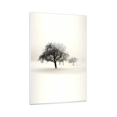 Impression sur verre - Image sur verre - Arbres dans un champ enneigé entouré de brouillard - 80x120cm - Un rêve hivernal - Décoration murale moderne pour le salon et la chambre ARTTOR