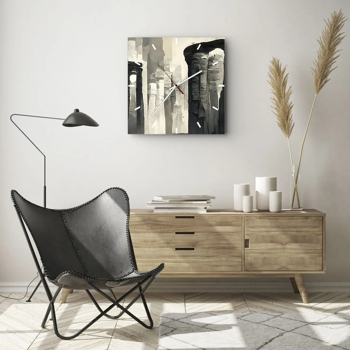 Horloge murale - Pendule murale - Colonnes historiques dans un cadre monochrome atmosphérique - 30x30cm - La majesté de l'Antiquité - Décoration murale moderne pour le salon et la chambre ARTTOR