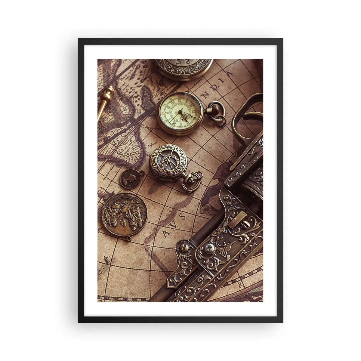 Affiche dans un cadre noir - Poster - Une boussole, une carte et des objets anciens symbolisant l'aventure - 50x70cm - L'aventure appelle - Décoration murale moderne pour le salon et la chambre ARTTOR