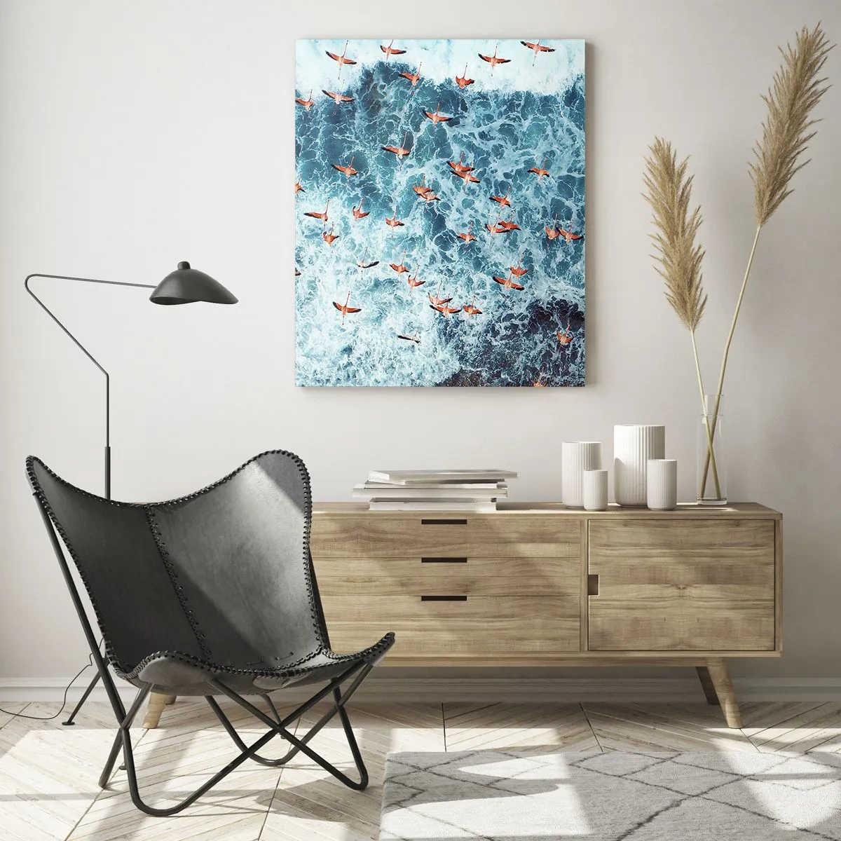 Impression sur verre - Image sur verre - Flamants roses au-dessus des vagues agitées de l'océan - 50x70cm - Défilé du bord de mer - Décoration murale moderne pour le salon et la chambre ARTTOR