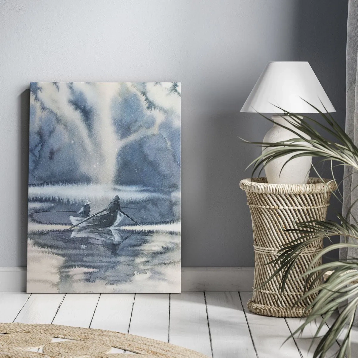 Impression sur toile - Image sur toile - Paysage à l'aquarelle avec des bateaux sur un lac entouré d'une forêt brumeuse - 70x100cm - Les pêcheurs dans leur paradis - Décoration murale moderne pour le salon et la chambre ARTTOR