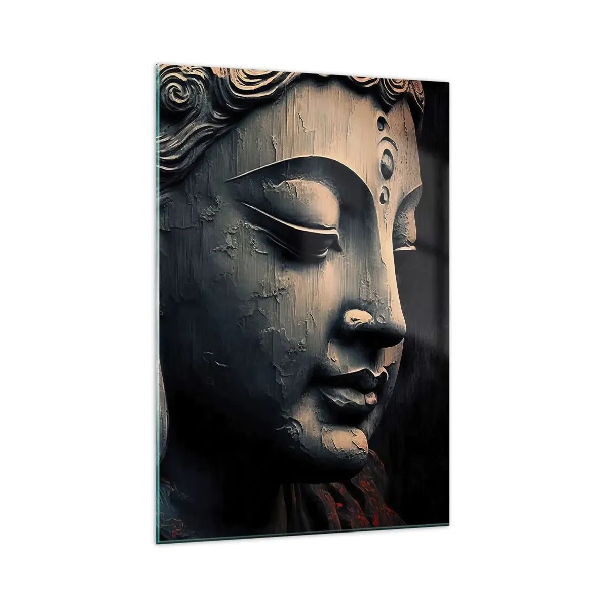 Impression sur verre - Image sur verre - Sculpture de Bouddha avec une fleur de lotus rouge - 70x100cm - En harmonie avec le monde - Décoration murale moderne pour le salon et la chambre ARTTOR