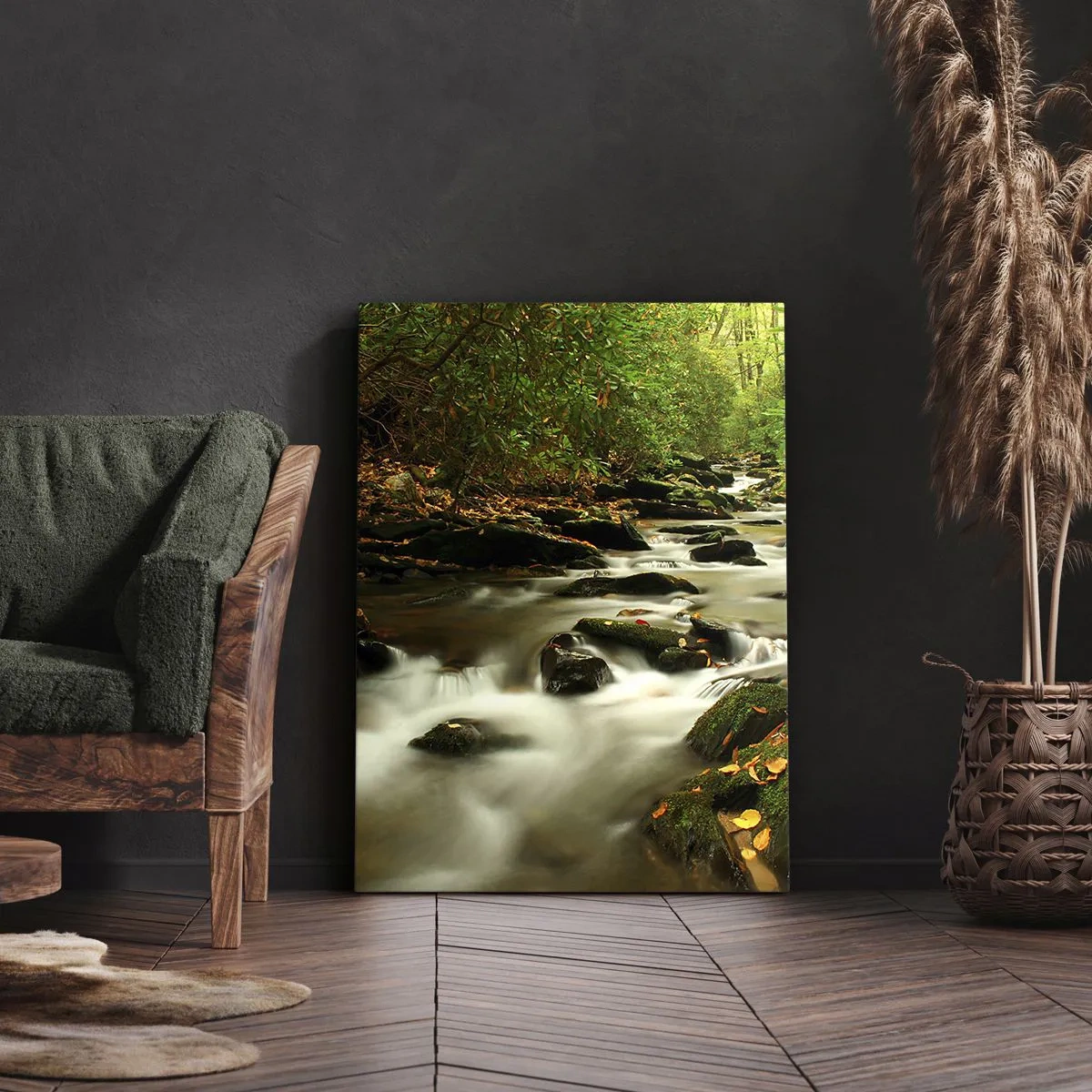 Impression sur toile - Image sur toile - Un ruisseau forestier coulant entre des pierres entourées de verdure - 70x100cm - Comme de l'argent liquide - Décoration murale moderne pour le salon et la chambre ARTTOR