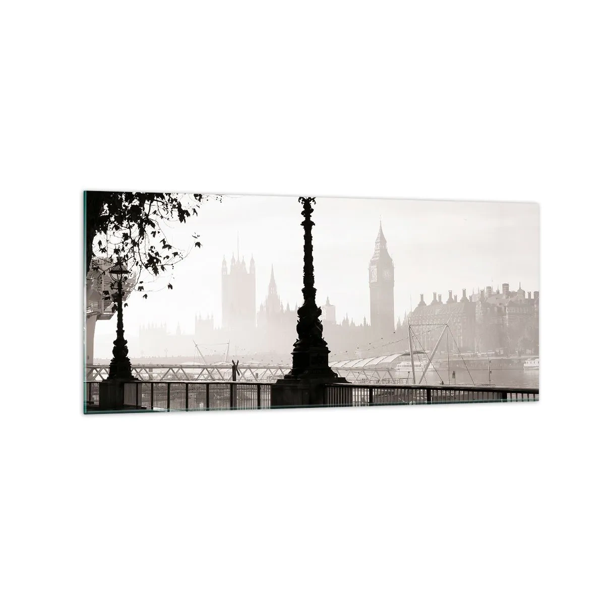 Impression sur verre - Image sur verre - Une vue monochrome de Big Ben et de la Tamise. - 120x50cm - Un matin londonien - Décoration murale moderne pour le salon et la chambre ARTTOR