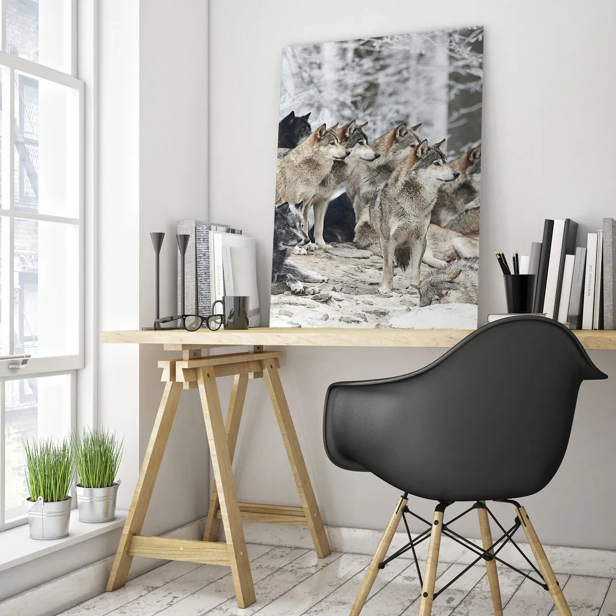 Impression sur verre - Image sur verre - Une meute de loups dans la forêt d'hiver - 70x100cm - Famille et amis - Décoration murale moderne pour le salon et la chambre ARTTOR