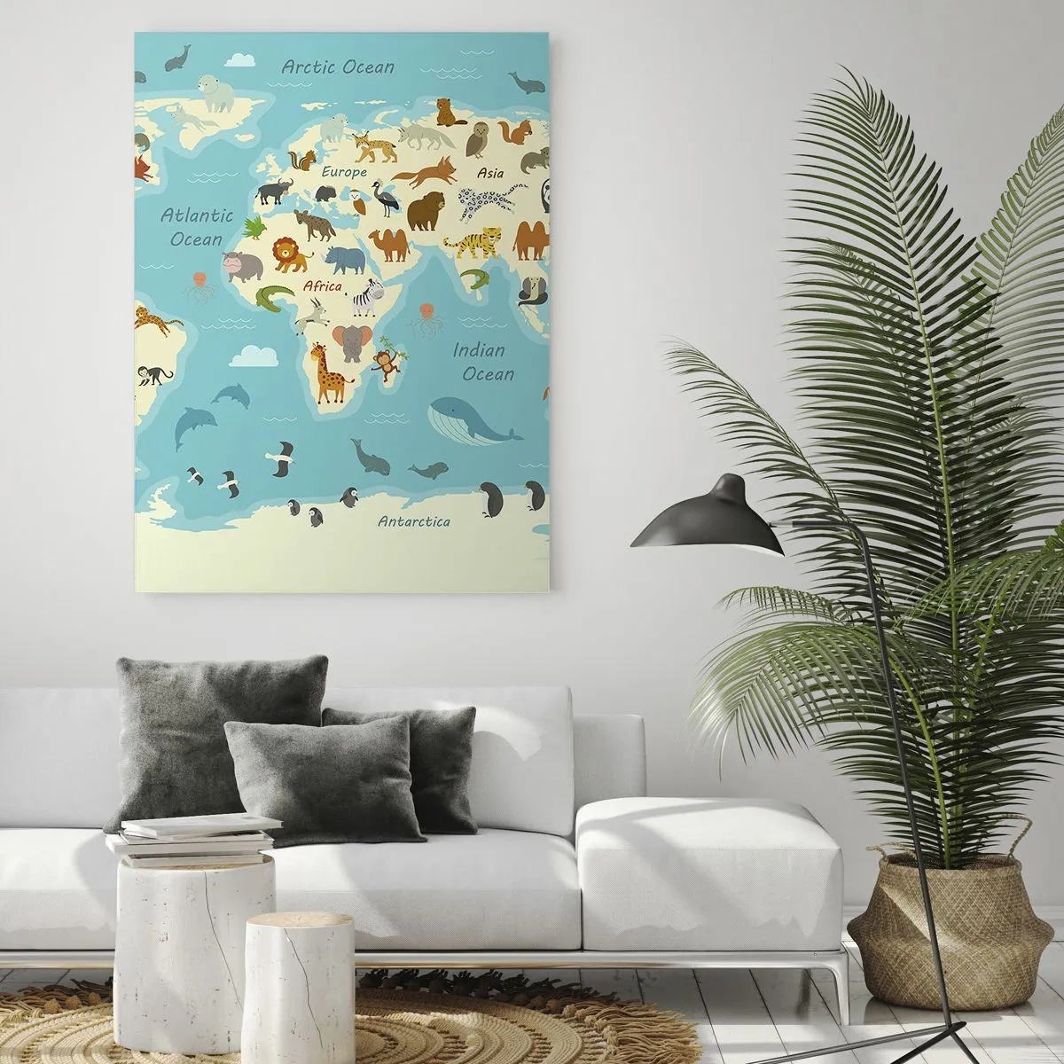 Impression sur verre - Image sur verre - Carte du monde avec des illustrations d'animaux - 80x120cm - De bons voisins - Décoration murale moderne pour le salon et la chambre ARTTOR
