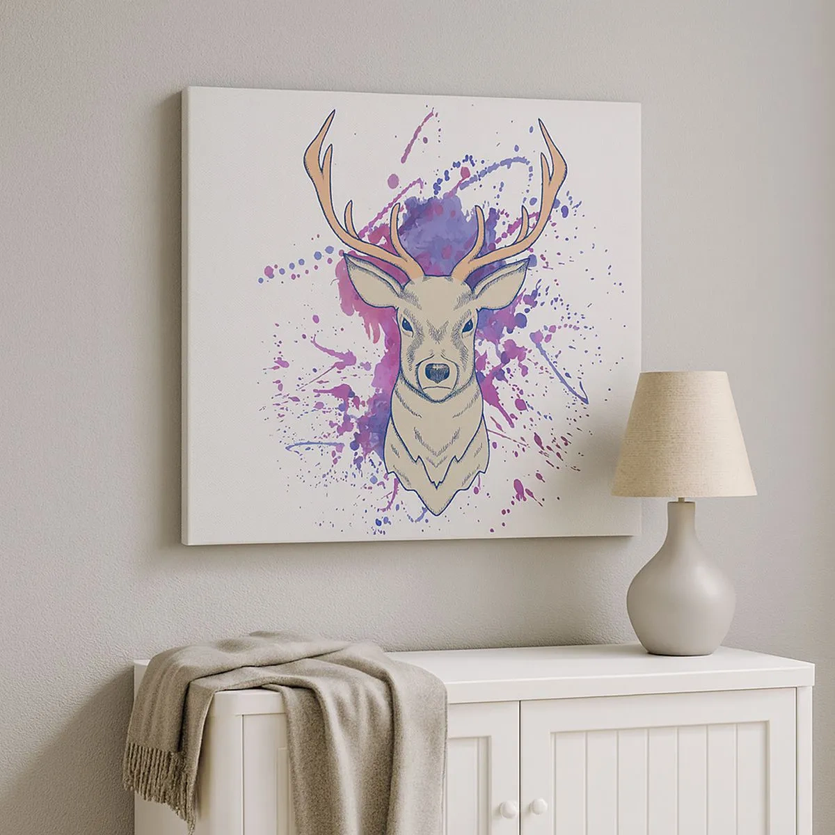 Impression sur toile - Image sur toile - Portrait d'un cerf avec des taches abstraites en arrière-plan - 70x50cm - Courage et équilibre - Décoration murale moderne pour le salon et la chambre ARTTOR