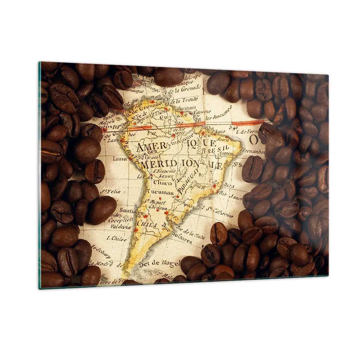 Impression sur verre - Image sur verre - Une carte de l'Amérique du Sud entourée de grains de café. - 120x80cm - D'où vient le meilleur café ? - Décoration murale moderne pour le salon et la chambre ARTTOR