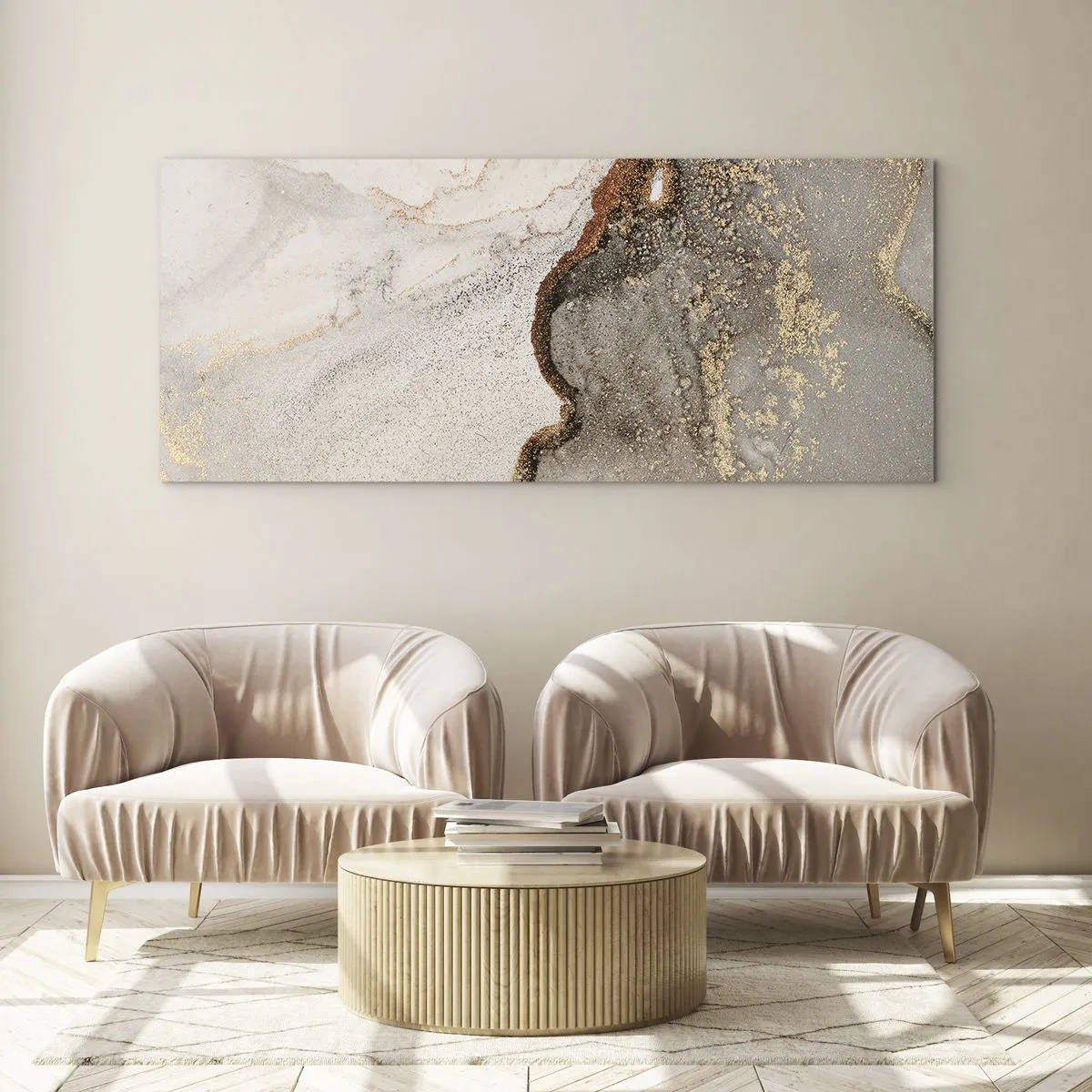 Impression sur verre - Image sur verre - Motif abstrait avec des nuances d'or et de gris - 160x50cm - Aux frontières des couleurs - Décoration murale moderne pour le salon et la chambre ARTTOR