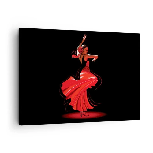 Impression sur toile - Image sur toile - Danseuse de flamenco en robe rouge sur fond noir - 70x50cm - L'esprit fougueux du flamenco - Décoration murale moderne pour le salon et la chambre ARTTOR