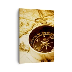 Impression sur toile - Image sur toile - Une boussole antique sur fond d'une vieille carte du monde - 50x70cm - Est ou ouest? - Décoration murale moderne pour le salon et la chambre ARTTOR