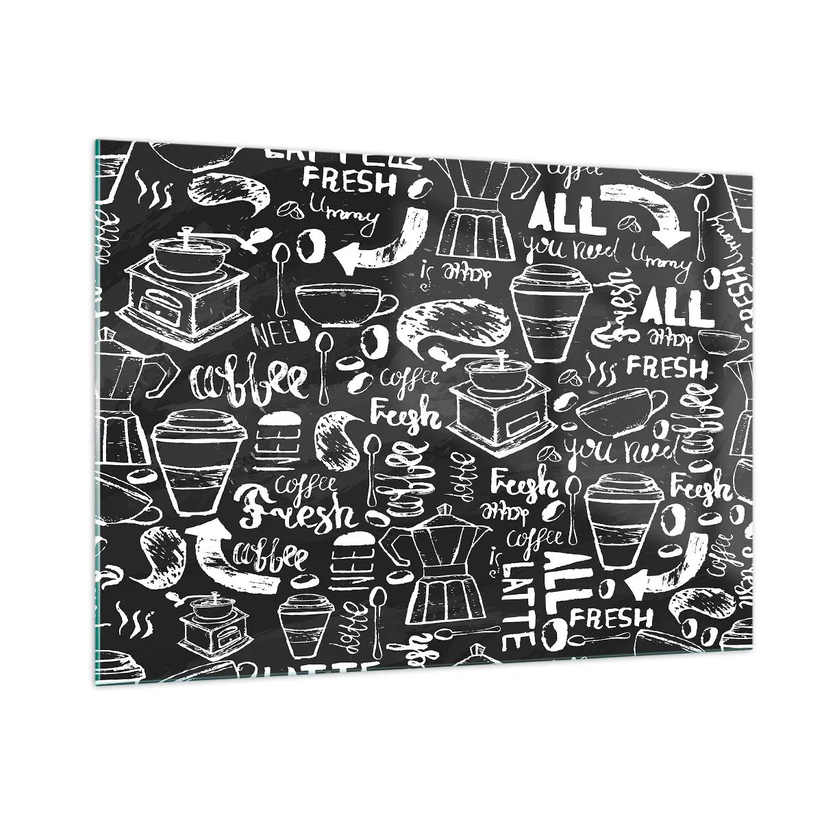 Impression sur verre - Image sur verre - Graphiques et lettrages de café sur fond noir dans un style rétro - 100x70cm - Tout ce dont tu as besoin c'est… - Décoration murale moderne pour le salon et la chambre ARTTOR