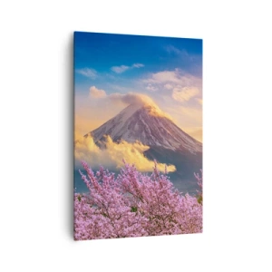 Impression sur toile - Image sur toile - Mont Fuji avec des cerisiers en fleurs en arrière-plan au coucher du soleil - 70x100cm - Sainteté japonaise - Décoration murale moderne pour le salon et la chambre ARTTOR