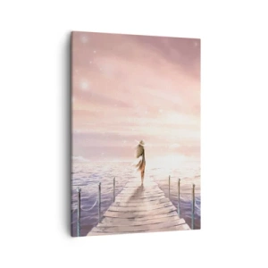 Impression sur toile - Image sur toile - Une femme sur une jetée dans un décor de coucher de soleil magique - 50x70cm - A la lumière d'un rêve - Décoration murale moderne pour le salon et la chambre ARTTOR