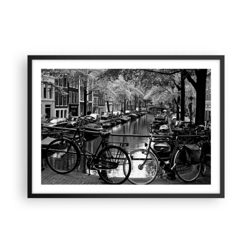 Affiche dans un cadre noir - Poster - Canal avec des vélos en photographie noir et blanc - 70x50cm - Une vue très hollandaise - Décoration murale moderne pour le salon et la chambre ARTTOR