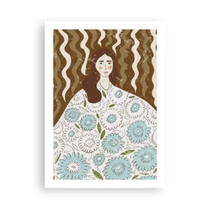 Affiche - Poster - Portrait stylisé d'une femme en robe fleurie sur fond de motifs ondulés. - 50x70cm - Portrait en robe fleurie - Décoration murale moderne pour le salon et la chambre ARTTOR