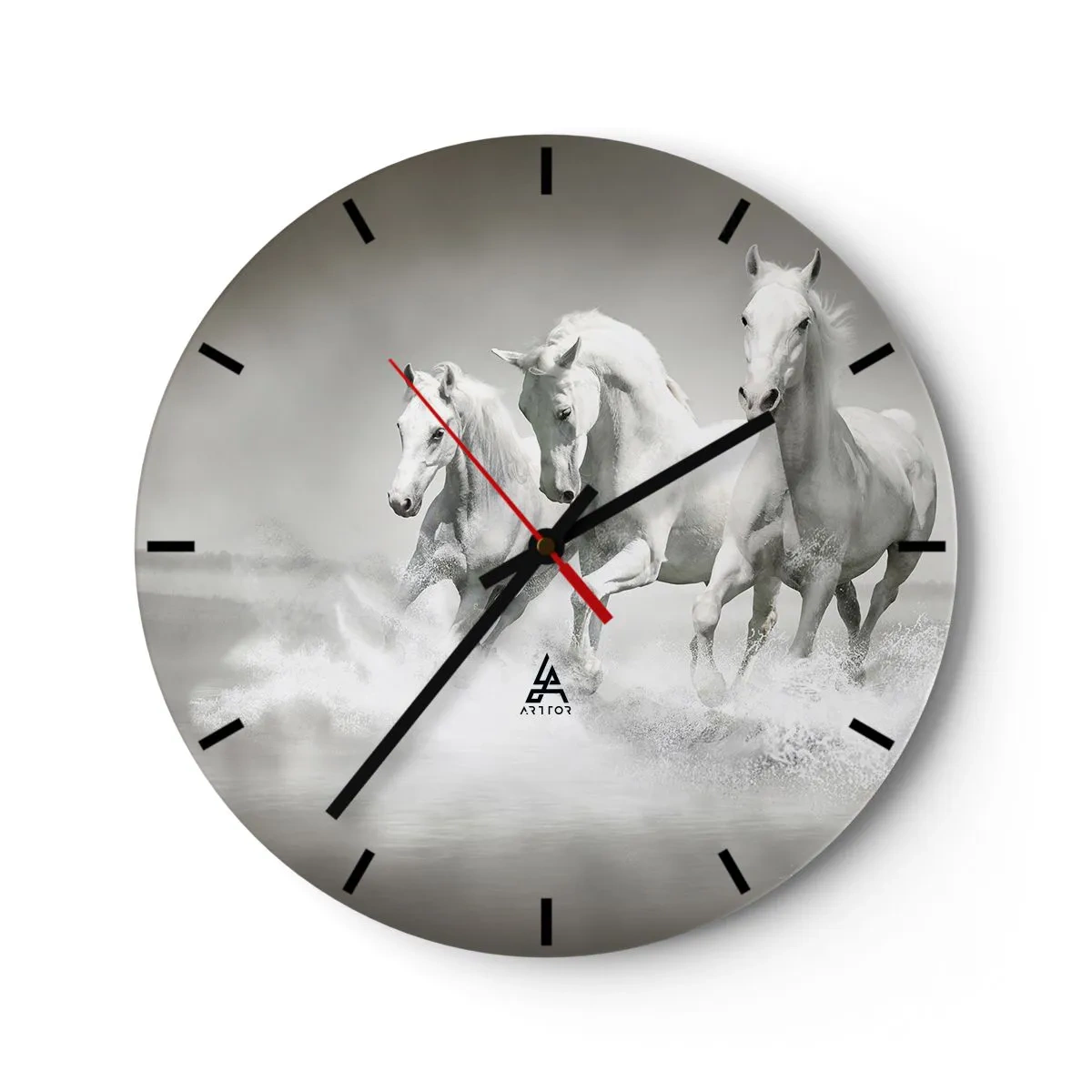 Horloge murale - Pendule murale - Trois chevaux blancs galopant dans l'eau dans un décor dynamique - 30x30cm - La folie blanche - Décoration murale moderne pour le salon, la cuisine et la chambre ARTTOR
