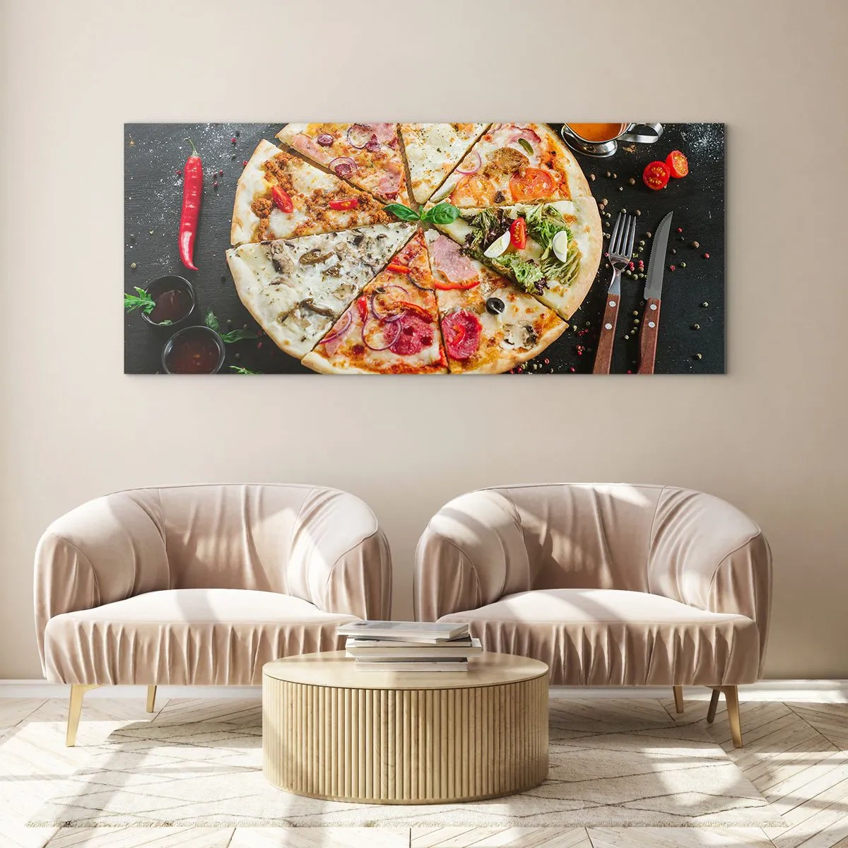 Impression sur verre - Image sur verre - Pizza aux saveurs variées avec un fond de garnitures - 140x50cm - Une gamme de saveurs - Décoration murale moderne pour le salon et la chambre ARTTOR