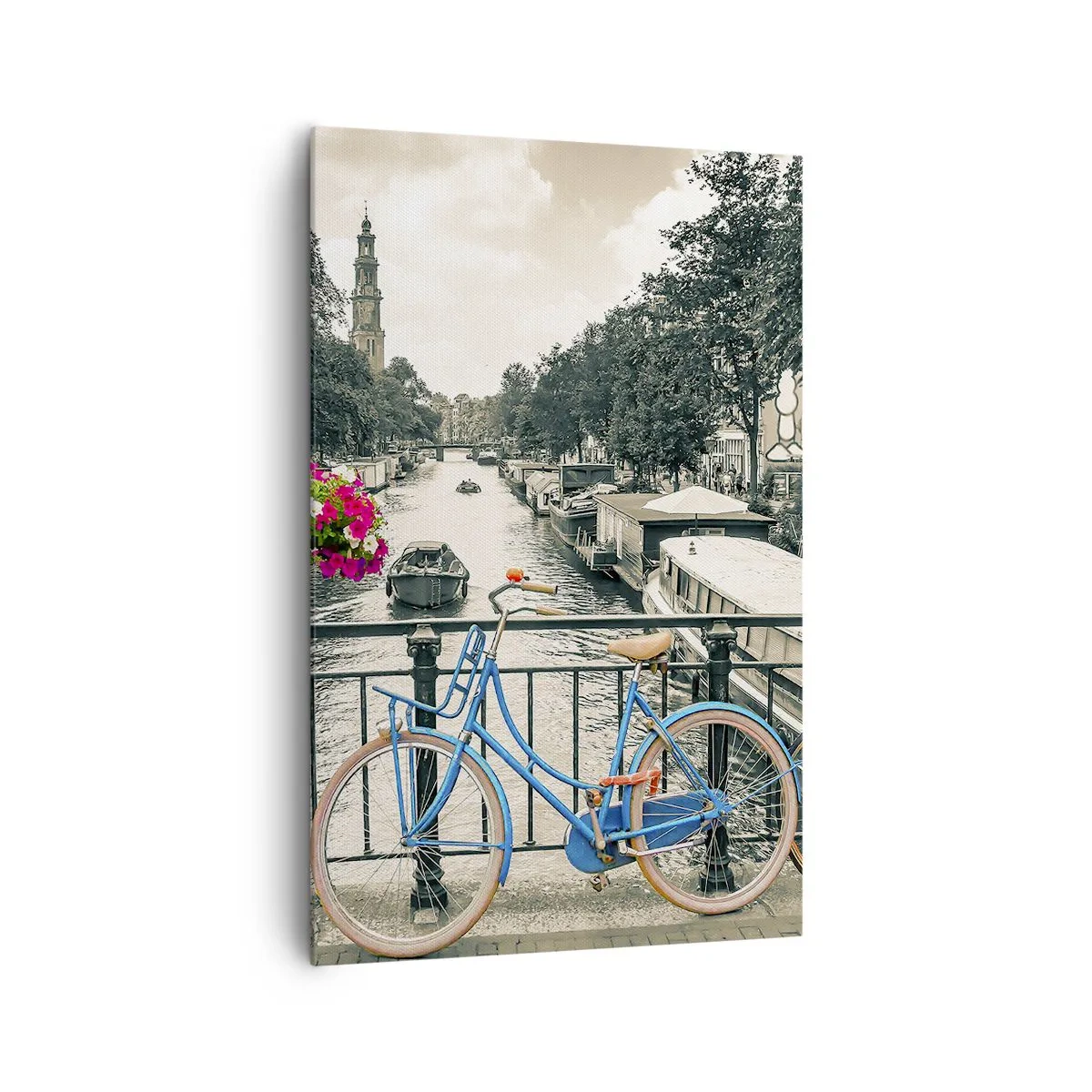 Impression sur toile - Image sur toile - Un pont avec des vélos et des fleurs sur un canal à Amsterdam - 80x120cm - Couleurs de rue d'Amsterdam - Décoration murale moderne pour le salon et la chambre ARTTOR