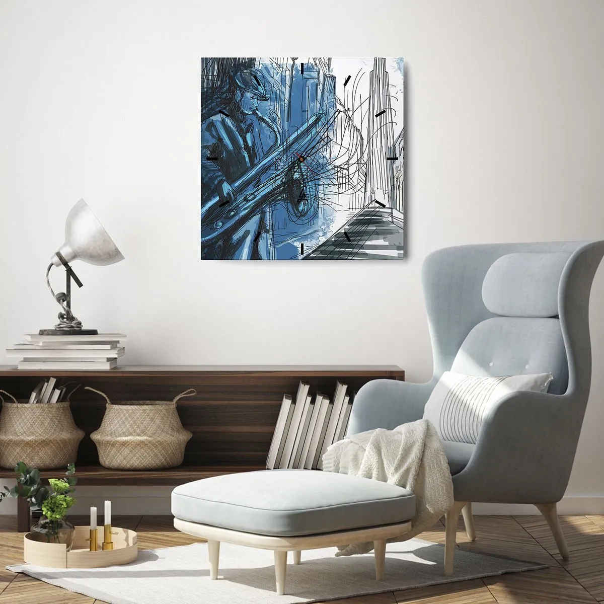 Horloge murale - Pendule murale - Une silhouette jouant du saxophone sur fond de ville - 30x30cm - Rhapsodie urbaine - Décoration murale moderne pour le salon et la chambre ARTTOR