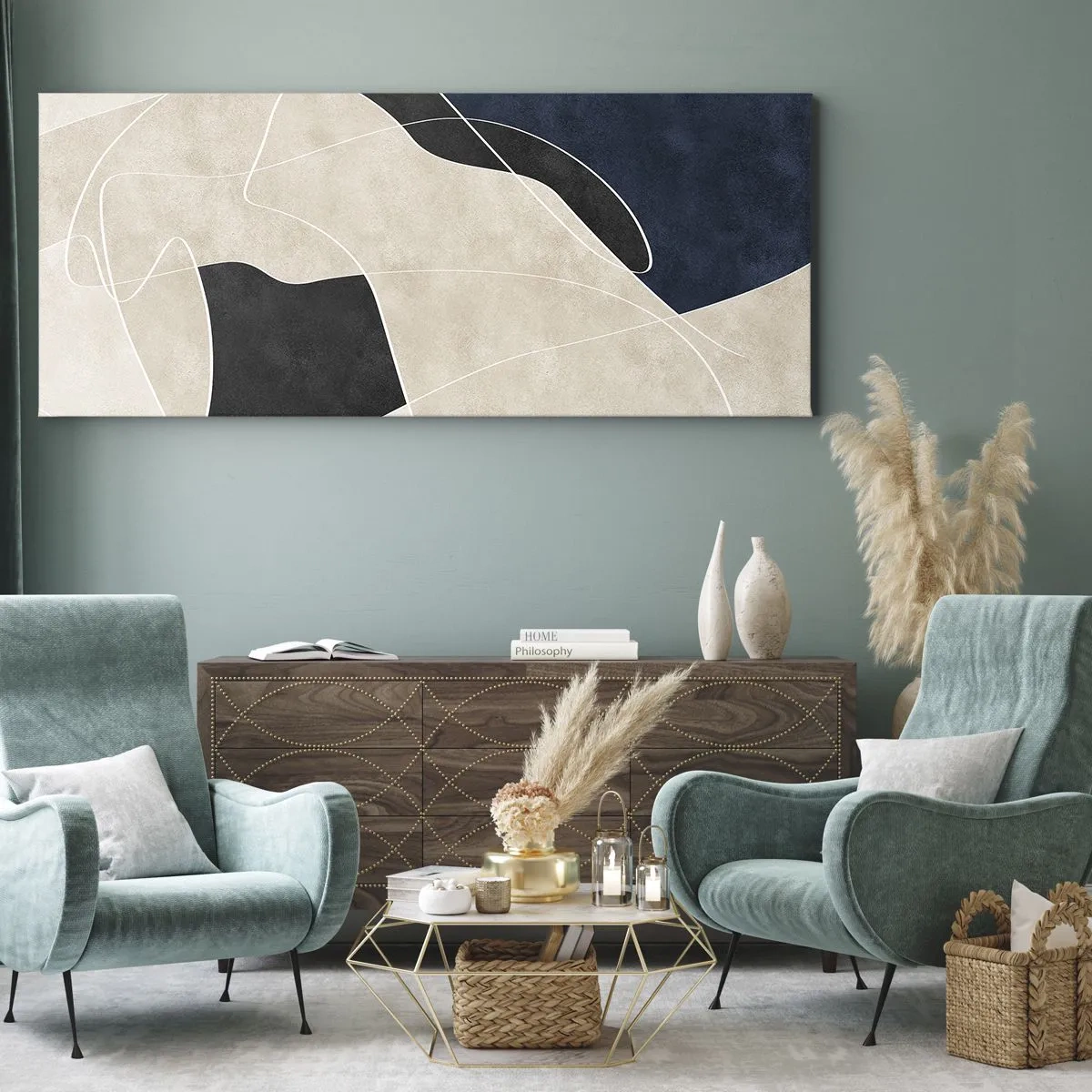 Impression sur toile - Image sur toile - Abstraction géométrique dans les tons beige et bleu marine - 120x50cm - Composition abstraite - contraste de couleurs - Décoration murale moderne pour le salon et la chambre ARTTOR