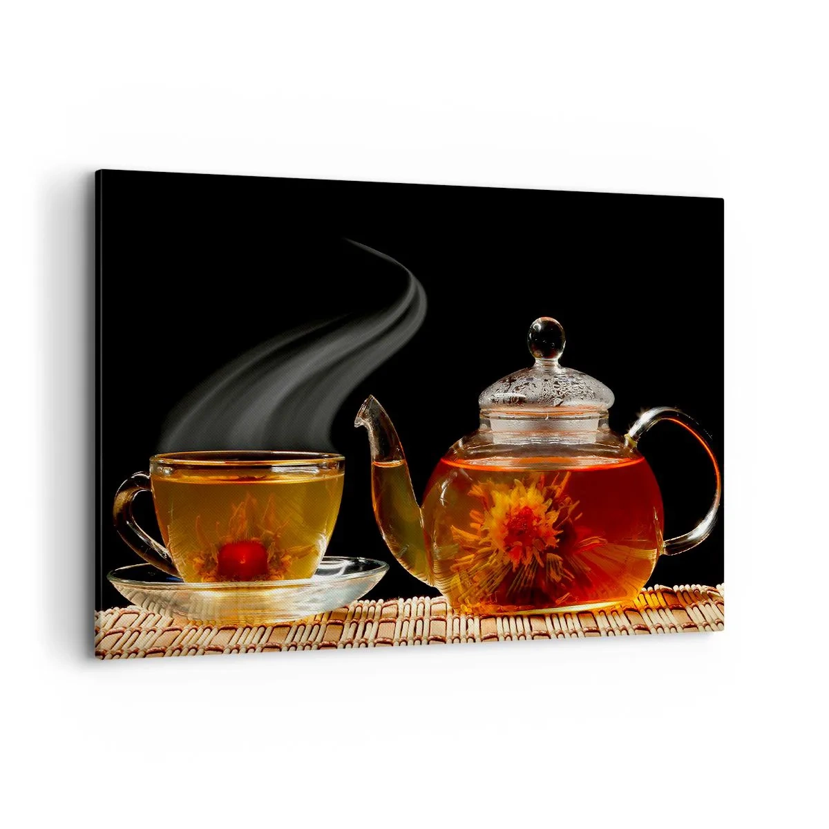 Impression sur toile - Image sur toile - Théière en verre avec thé aux fleurs et une tasse - 120x80cm - La magie et l'art de l'infusion du thé - Décoration murale moderne pour le salon et la chambre ARTTOR
