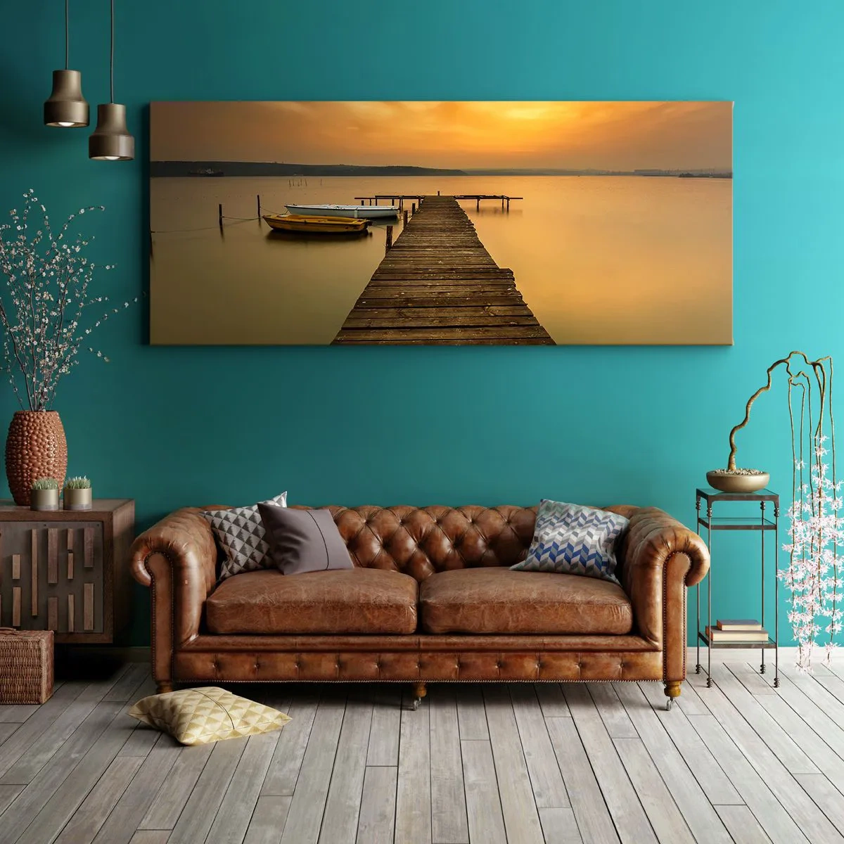 Impression sur toile - Image sur toile - Jetée en bois et bateaux sur le lac au coucher du soleil - 160x50cm - Je t'ouvrirai le ciel d'or - Décoration murale moderne pour le salon et la chambre ARTTOR